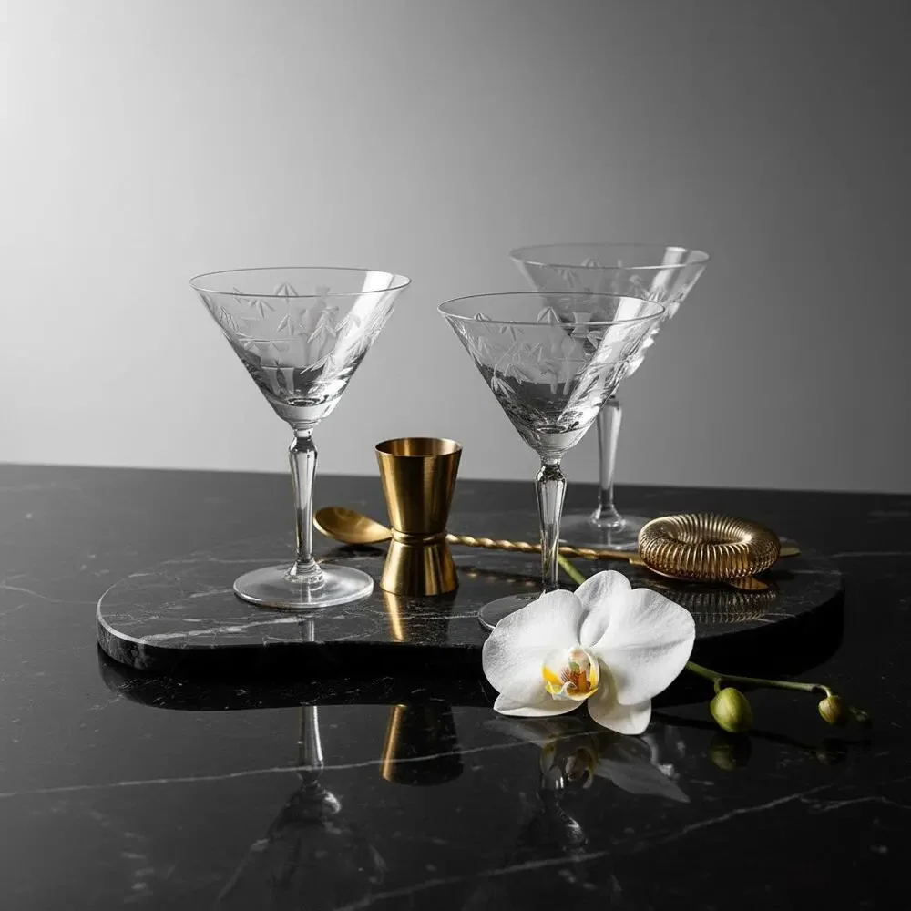 Sasaki Noritake Bamboo Etched Crystal Martini Cocktail Stemmed Glasses Set 3-MCM